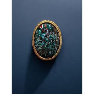 Vintage Art Glass Millefiori Look Large Statement Brooch Gold Tone Oval Frame